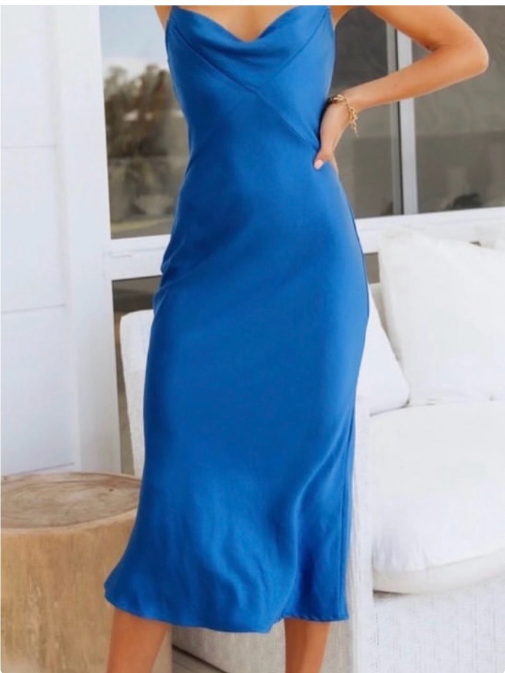 Hello Molly Cowl Neck Satin Midi Dress in Blue